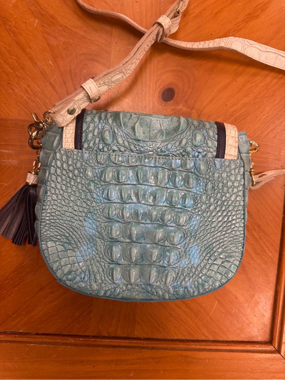 Brahmin Teal Croc-Embossed Crossbody with Cream Trim and Navy Piping - Picture 2 of 4